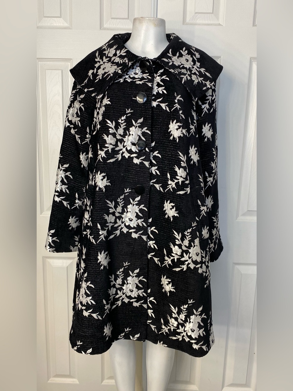 Newport News Black Floral Button-Front Pea Coat